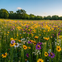 Vibrant wildflowers in a summer meadow bathed in golden sunlight. A stunning display of nature's beauty.