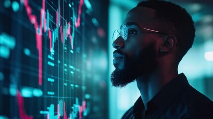 Fototapeta premium Man observes vibrant stock market data display