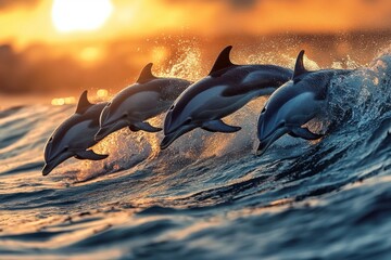 Dolphins playing in surging wave under golden sunset