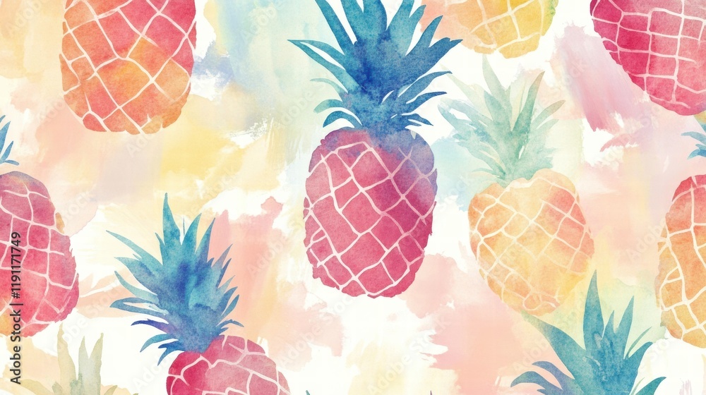 Poster vibrant watercolor pineapple pattern with colorful tropical hues suitable for various design project