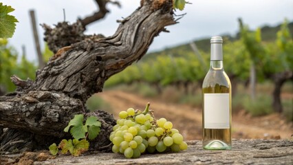 Fototapeta premium unlabeled bottle of wine and grapes on the background