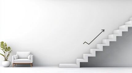 Obraz premium Sleek and modern minimalist white interior scene featuring a cinematic financial graph with an ascending arrow conveying a sense of economic growth progress and success