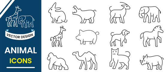 Animal line icon set. Wild animals vector set collection. Forest animal, Lion, giraffe, elephant, pig, rabbit, zebra, camel, dog, rhino vector illustration.