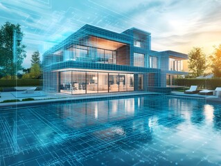 modern luxury villa, swimming pool reflection, glass facade, sunset sky, architectural rendering, hyper-realistic, ultra-detailed, cinematic lighting, tranquil atmosphere, high-end real estate