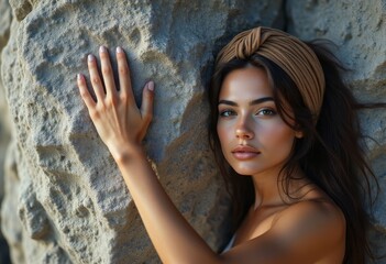 Person with brown head wrap and hand on rough stone wall