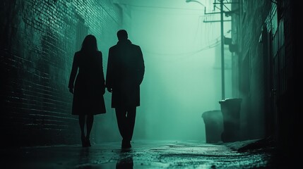 Silhouetted couple walking in a misty alley.