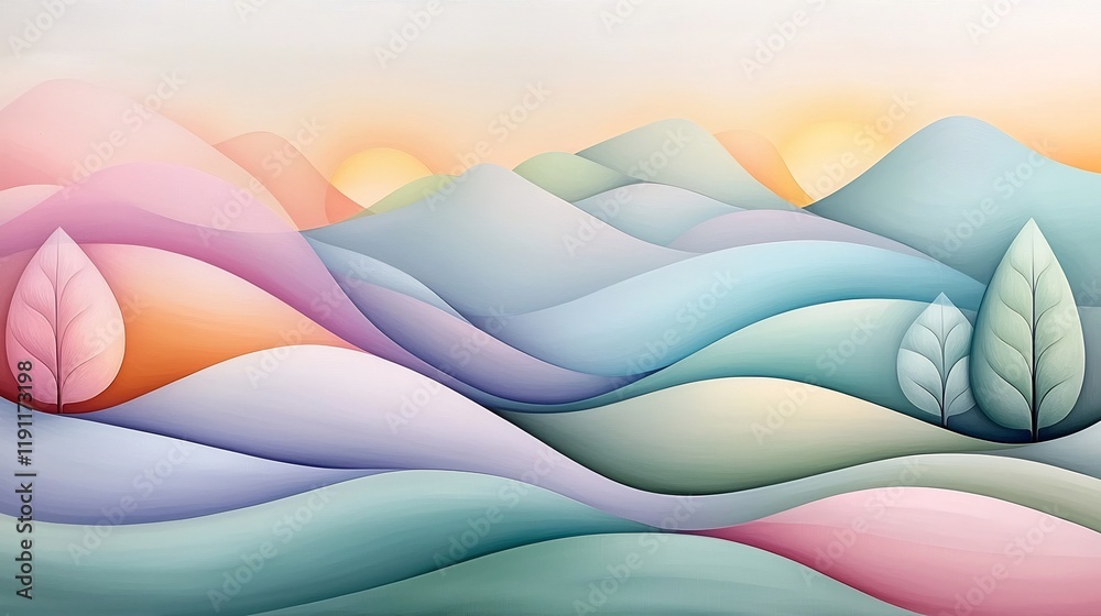Poster soft undulating shapes and lines create a calming meditative abstract landscape with a serene ethere