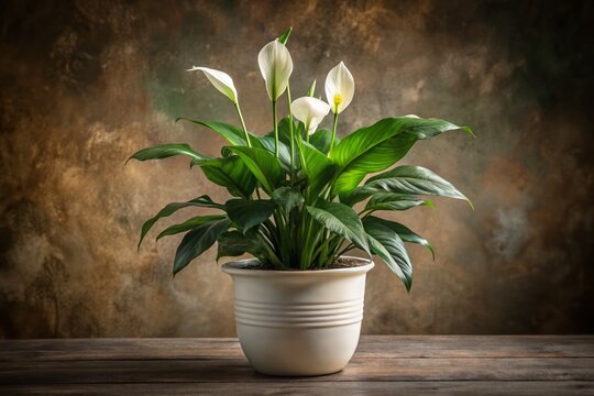 Vintage Style Peace Lily Photo: Glossy Green Leaves & Elegant White Flowers in White Ceramic Pot