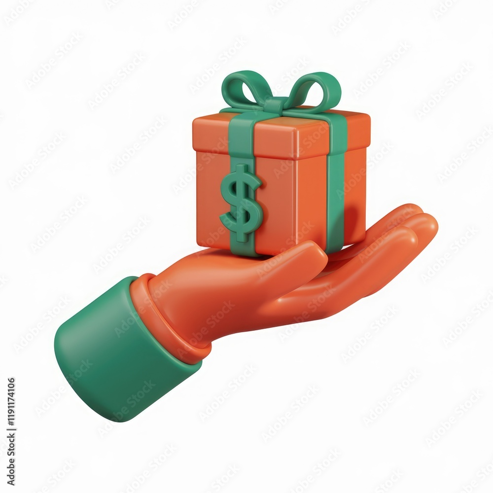 Poster a 3d rendered image of a hand offering a gift box with a dollar sign, symbolizing a monetary gift or