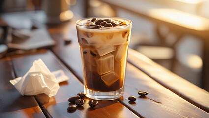 A clear glass filled to the brim with an American iced coffee, its dark brown liquid chilled with cubed ice, infused with a subtle hint of creamy vanilla syrup,garnished with a sprinkle of coffee bean