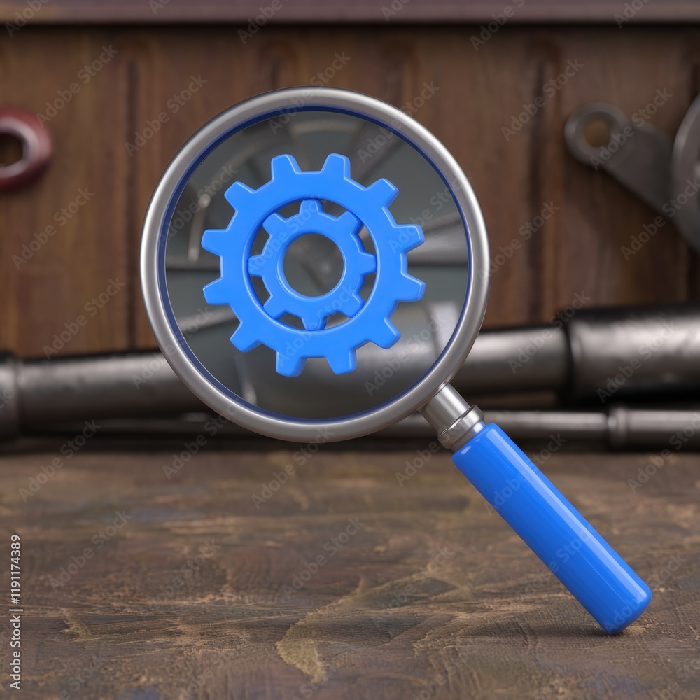 Aufkleber magnifying glass revealing intricate gears, symbolizing detailed analysis and problem-solving.
