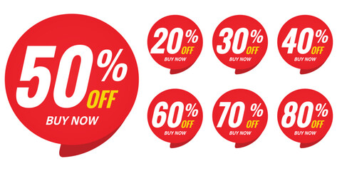 Red Percent Discount Sticker Set – Buy Now Promotional Labels with 20% to 80% Off Tags for Special Offers and Sale Price Banners
