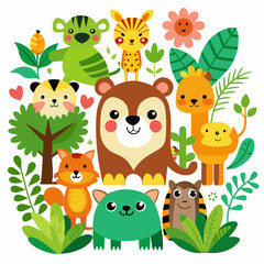 Naklejka premium A colorful collection of cute cartoon jungle and forest animals, including a bear, elephant, fox, giraffe, rabbit, tiger, lion, deer, owl, crocodile, monkey, and hippo, with accompanying foliage and e