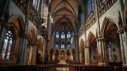 The Majestic Facade of a Historic Cathedral Showcasing Intricate Gothic Architecture Against a Clear Blue
