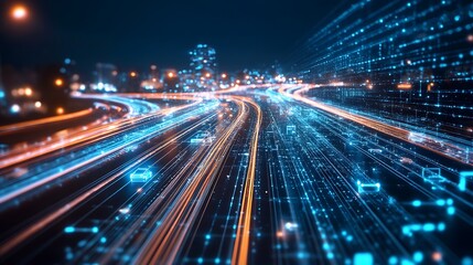 Fototapeta premium City highway at night, digital data streams, futuristic technology, website banner