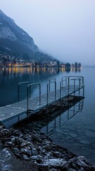 Obraz premium Serene Lakeside Dock at Twilight with Calm Waters and Mountain View