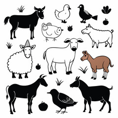 Hand-drawn sketches of various farm animals, including geese, chickens, sheep, pigs, cows, goats, rabbits, and turkeys with white background