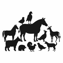Silhouettes of common farm animals including horse, cow, sheep, goat, pig, dog, turkey, goose, rooster, hen, chick, duck, and rabbit 