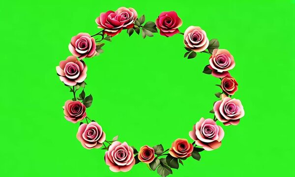Romantic rose circle wreath on a green screen for wedding and event designs