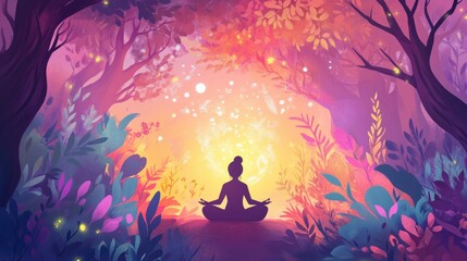 Woman Meditates In A Magical Forest Setting