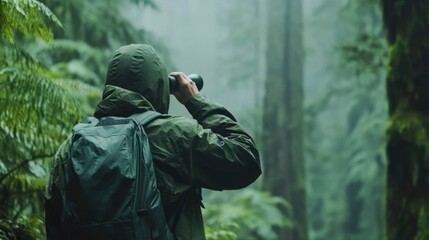 Person using binoculars in a misty green forest