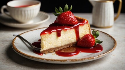 Indulge in a Slice of Creamy Strawberry Cheesecake Drizzled with Rich Raspberry Sauce - A Perfect Dessert