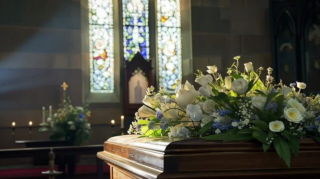 A beautifully arranged casket adorned with white roses sits in a tranquil chapel, illuminated by stained glass windows during a memorial service