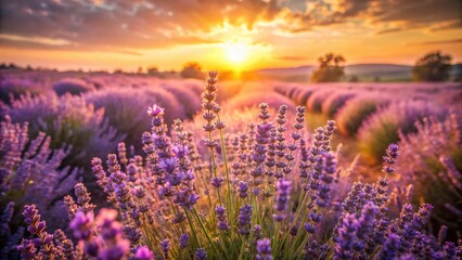 Naklejka premium Vintage Sunset Lavender Field: Soft Focus Blooming Violet Flowers, Summer Harvest