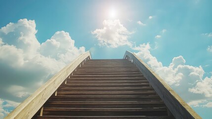 Stairway to Heaven. A long empty wooden staircase among beautiful cumulus clouds against a blue sky with sunbeams.