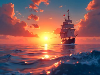 Fototapeta premium Sunset over the sea, ship in the sunset