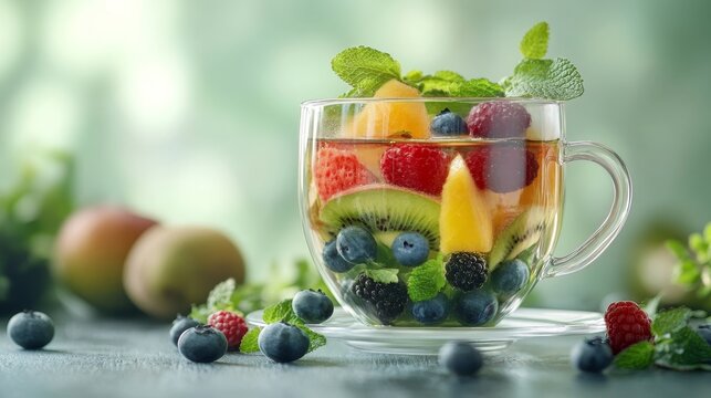 Hot green tea with fruits and berries composition background