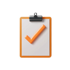 3D clipboard with an orange check mark symbol, representing completion or approval. Ideal for concepts like checklist, approval, or verification. Isolated on transparent background, png.