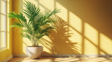 Obraz premium Sunlit Palm Plant in Minimalist Interior Design