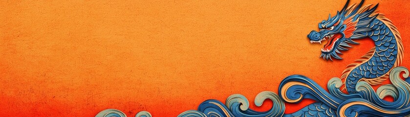 A vibrant dragon design against a warm orange background, featuring waves, reflecting cultural artistry and mythology.