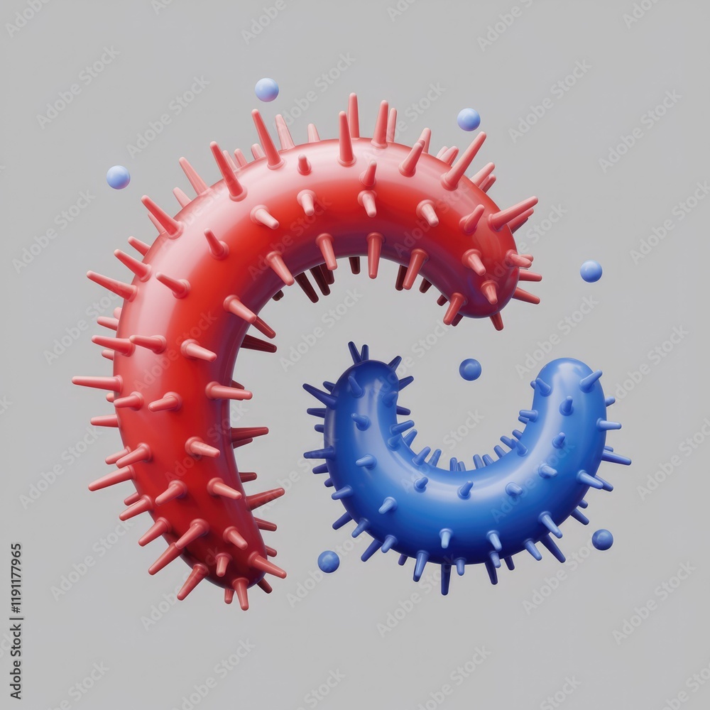 Poster Abstract 3D render of two intertwined, spiky, colorful shapes resembling stylized viruses or microorganisms.