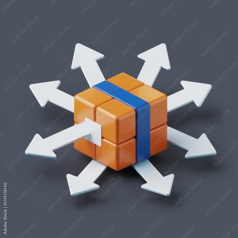 Poster A 3D cube with arrows pointing outwards, symbolizing diverse connections and multifaceted data streams.