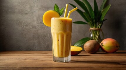 Fototapeta premium Refreshing Tropical Delight: A Glass of Creamy Mango Smoothie Surrounded by Juicy Mangoes on a Sunlit Beach, Perfect for Summer
