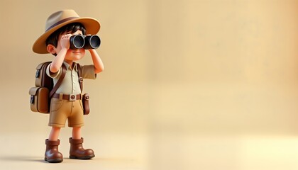 Cute cartoon boy explorer looks through binoculars. Wears explorer outfit with hat backpack, shorts. Ready for adventure in jungle forest. Illustration perfect for travel, nature themes kid-friendly