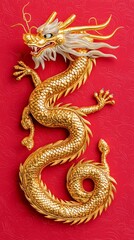 Fototapeta premium A majestic golden dragon sculpture against a vibrant red background, symbolizing strength and good fortune in Asian culture.