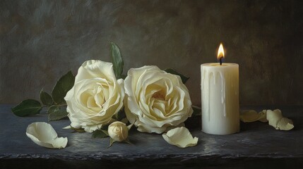 "White Candle with Roses and Flower Petals: Funeral Memorial, Sympathy, and Condolence Card for Death Notice"