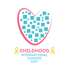 Childhood international cancer day vector banner, card, background. Heart with yellow cancer ribbons. Awareness, support, solidarity, hope, memory, early detection concept.