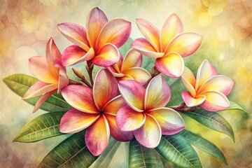 Obraz premium Vintage Watercolor Plumeria Flowers: Hand-Painted Tropical Frangipani Set on White