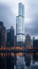 Obraz premium Modern Skyscraper Surrounded by City Buildings and Water Reflection