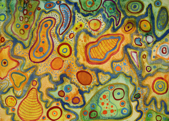 Abstract artwork with neon colors and geometric patterns. The dabbing technique near the edges gives a soft focus effect due to the altered surface roughness of the paper.