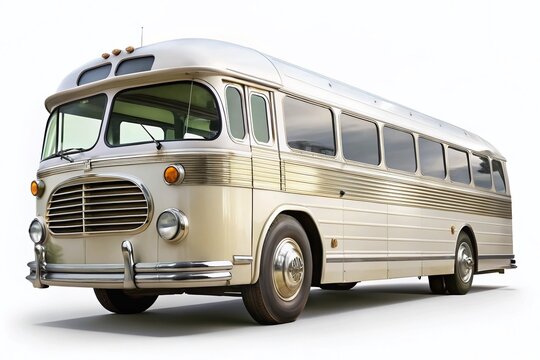 Vintage White Charter Bus, Isolated on White Background - Classic Travel Vehicle Stock Photo