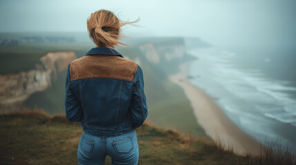 Woman gazes at misty coastline while standing on cliff edge during overcast afternoon