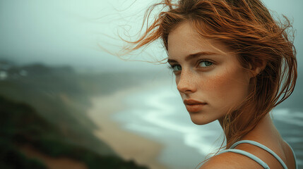 Young woman with flowing hair gazes towards the ocean while standing on a coastal cliff during a misty morning