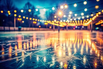 Vintage Winter Holiday Ice Skating Rink - Empty, Festive Bokeh Lights, Scratched Ice