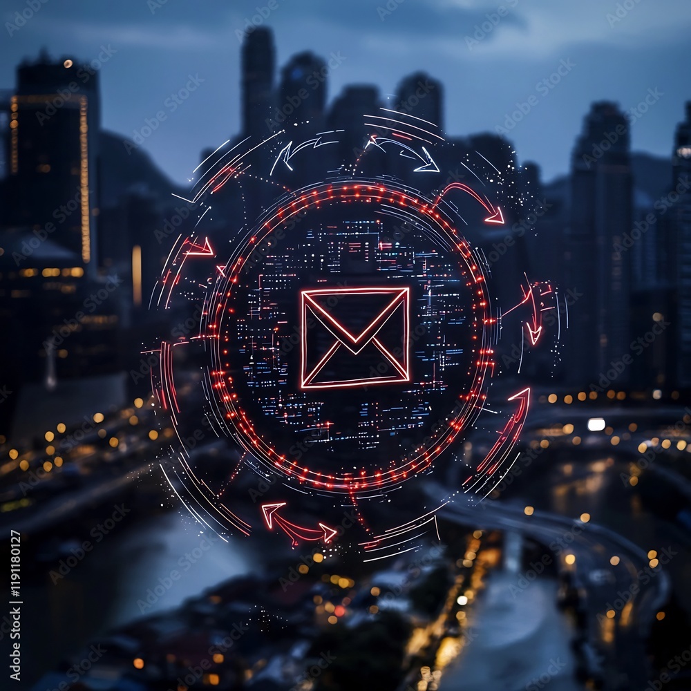 Poster conceptual depicting global digital networking with an envelope icon and flowing data arrows in a mi