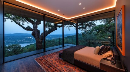 Obraz premium Modern bedroom design with stunning natural landscape view from large glass windows at dusk